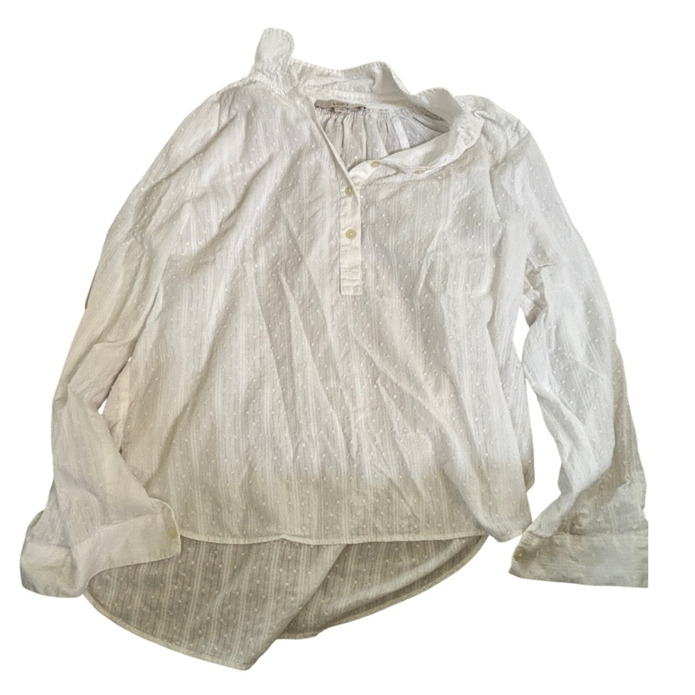 LOFT Blouse Womens Large White Swiss Dot Shadow Stripe Cotton Henley High-Low